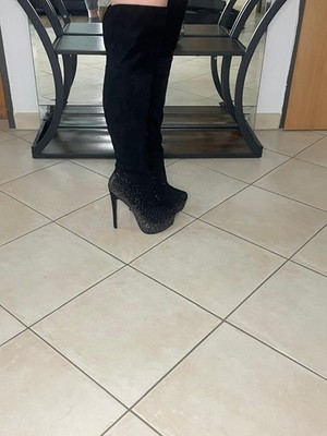Schwarze High Heel Overknee Stiefel mit Strass Gr. 38 Absatz 15cm