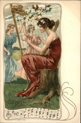 ''Gehor'' Beautiful Woman Playing Harp ETHEREAL FANTASY Antique Litho Postcard