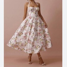 SHEIN Cottagecore Coquette Romantic Enchanted Rose Print Halter Neck Midi Dress