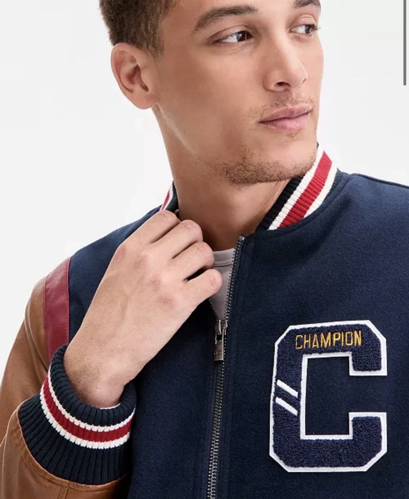 Champion Men's Mixed Media Varsity Bomber Jacket Navy Brown (LARGE) CH5RP290 🐅 image 14
