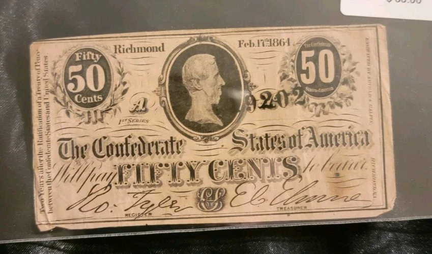 1864 Confederate Fractional 50 Cent Note Jefferson Davis Bust - Image 3 of 4