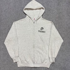 Vintage Jerzees USMC Full Zip Hoodie Mens Large Gray Made in USA Sweatshirt
