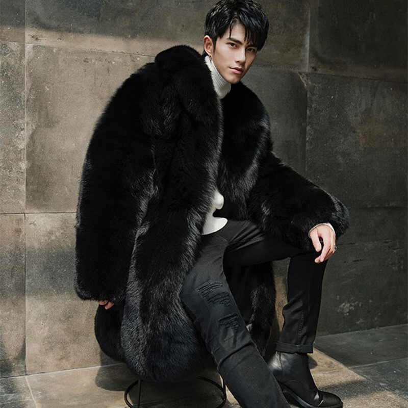 Winter Fox Fur Coat Mens Faux Mink Fur Mid Long Overcoat American