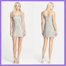NWT $396 Parker 'Comoros' Embellished Silk Shift Dress Silver [SZ Medium] #N440