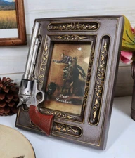 Rustic Western Revolver Gun Pistol Faux Wood 4"X6" Desktop Or Wall Picture Frame