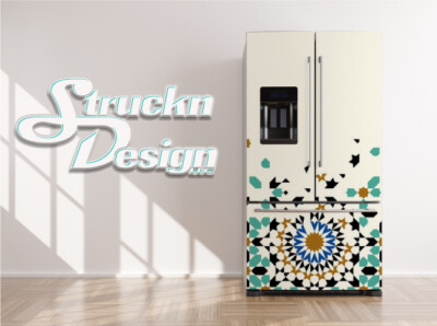 Déco Frigo Adhésif Vinyle - Motif Floral Cyan Vintage - Réversible Waterproof
