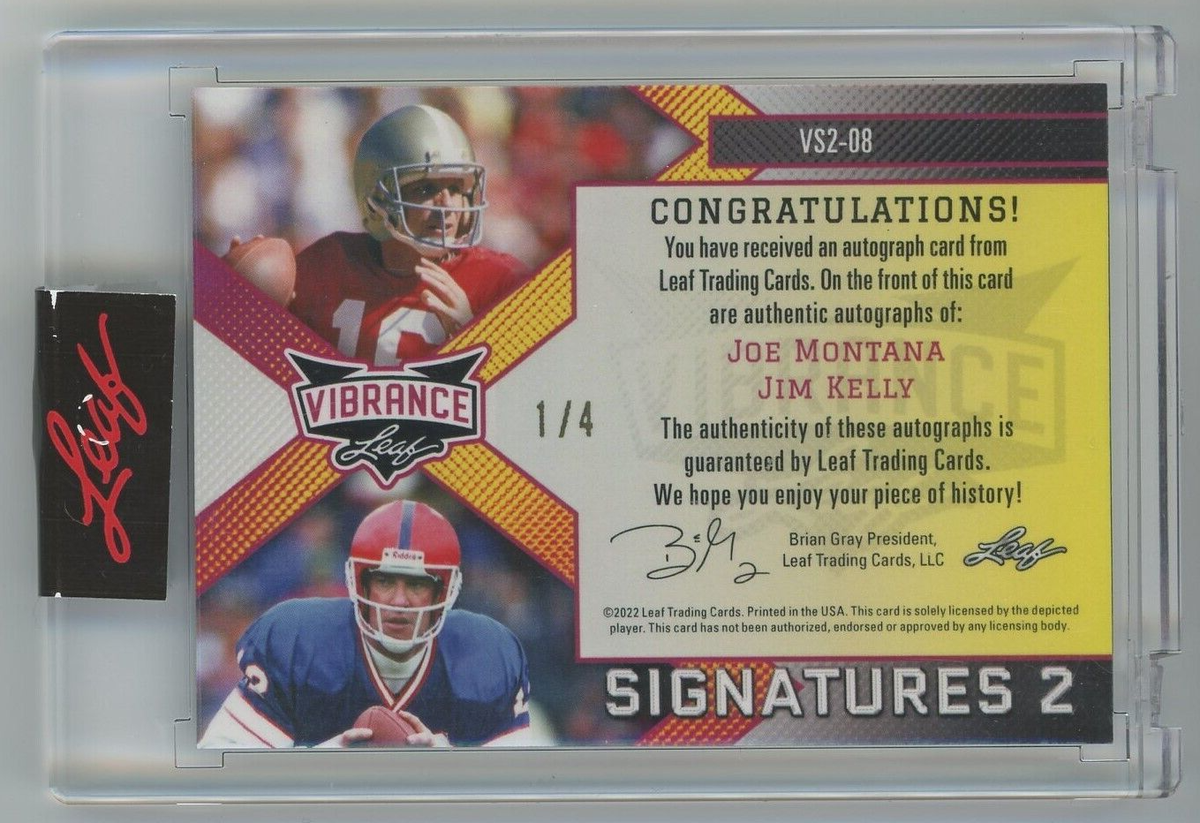 Joe Montana Jim Kelly 2022 Leaf Vibrance Autograph 1/4 Dual Auto
