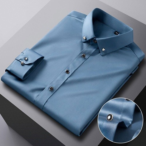 Men's Silk Shirts Long Sleeve Drill Button Silky Business Formal Social Clothes - Picture 32 of 32