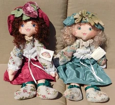 VTG Set 2 Rag Dolls NWT 1993 Hand Made Lace Tapestry Burgundy Green