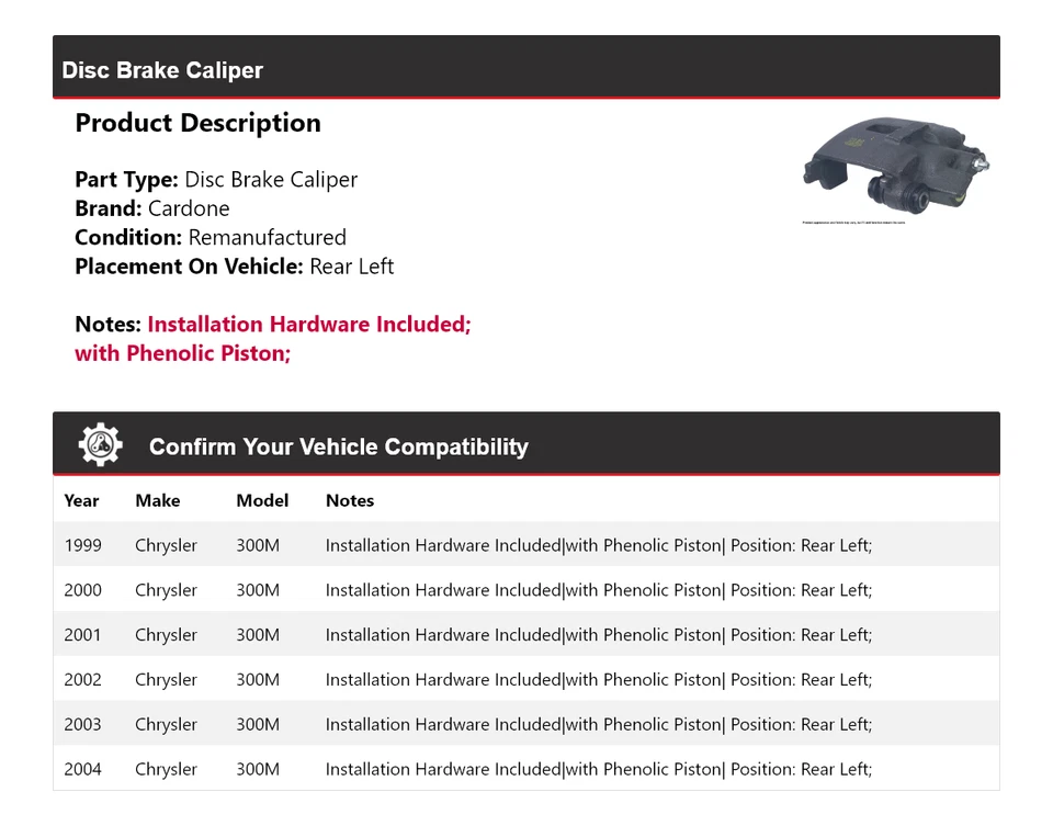 Para 1999-2004 Chrysler 300M pinça de freio a disco traseira esquerda Cardone 2000 2001 2002 - Imagem 2 de 4