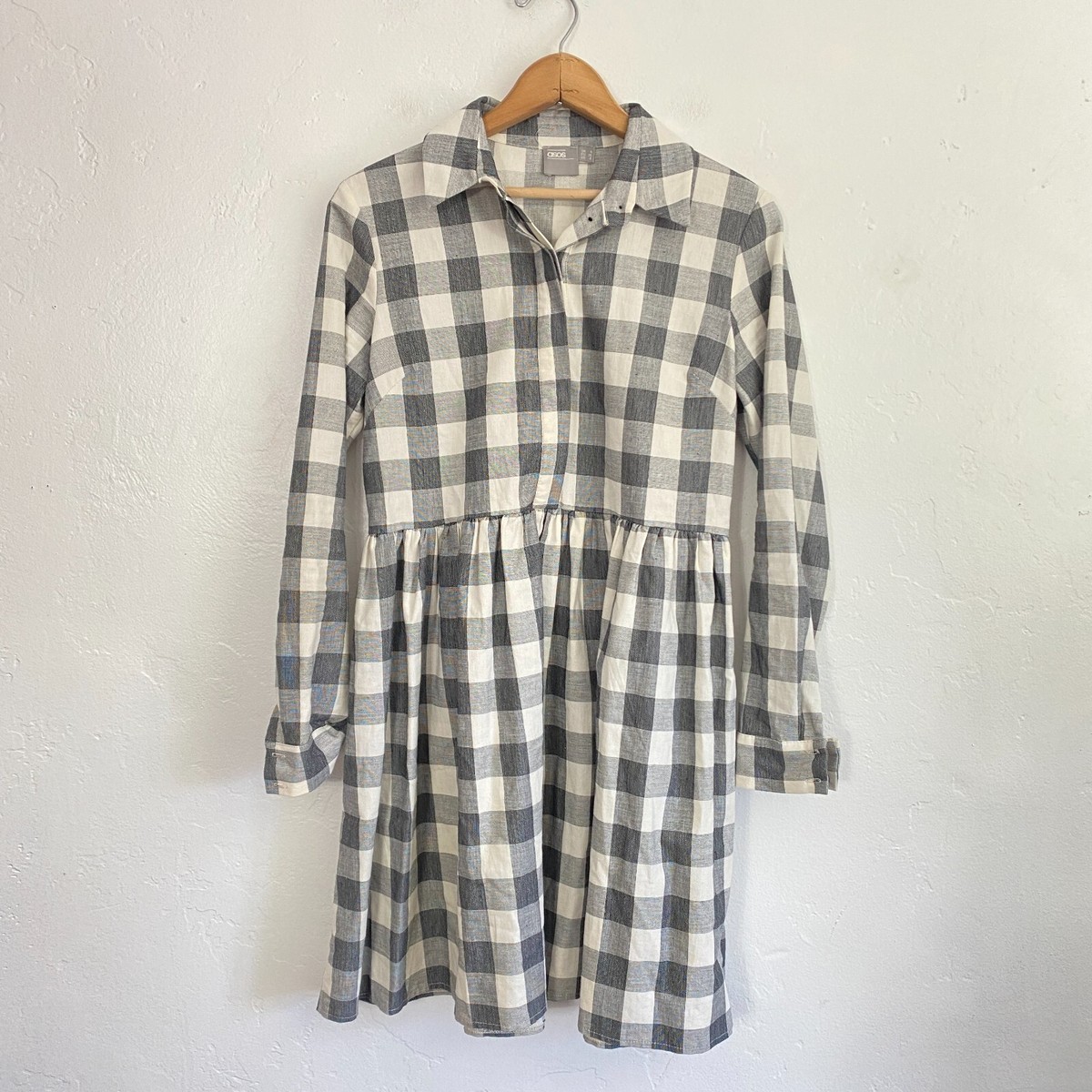 asos cotton shirt dress Asos Gingham Smock Shirt Dress Womens Size 4 Gray Ivory Check Collared
