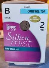 L'eggs Silken Mist Silky Sheer Leg Size B Nude Control Top 2 Pair Pantyhose