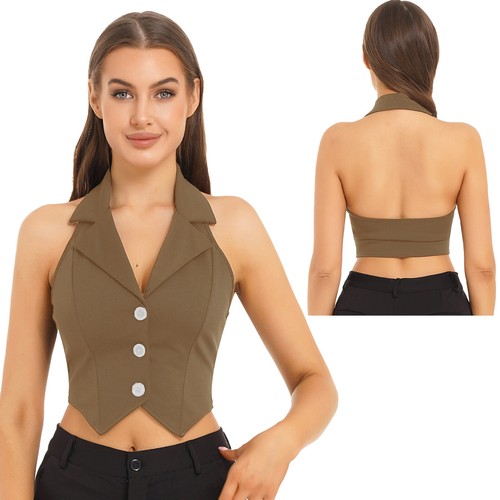 Women's V Neck Vest Lapel Halter Backless Button Down Pointed Hem Crop AU - Picture 34 of 53