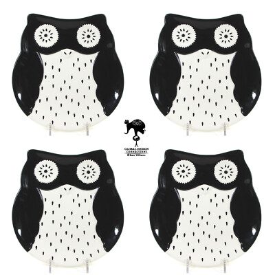 Global Design Connections OWL 8'' Salad Plate Set 4Pc Kate Williams Black White