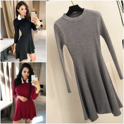 Women Long Sleeve Sweater Dress Knitted Warm O-neck Short Mini Winter  Autumn | eBay