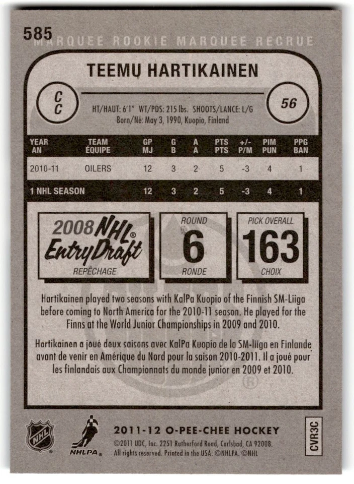 2011-12 O-Pee-Chee Teemu Hartikainen Rookie #585 Edmonton Oilers - Image 2 of 2