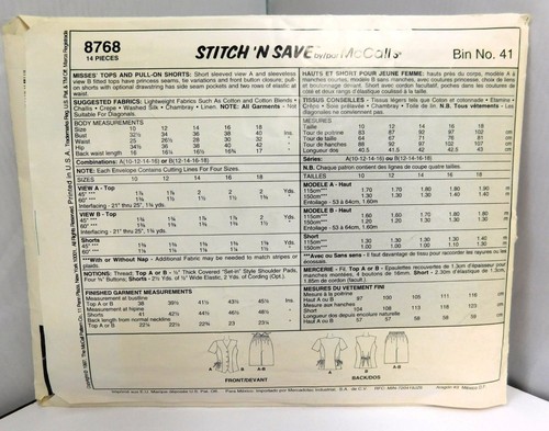 Stitch 'n Save 8768 Sewing Pattern Misses VEST, TOP, SHORTS Size 12-18 UC, FF - Picture 2 of 2