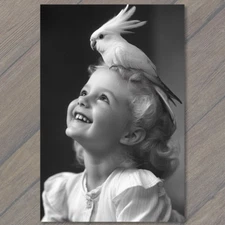 Art Print  Girl Smiling Bird Joyful Cute Nostalgic Charming Retro Style Whimsica