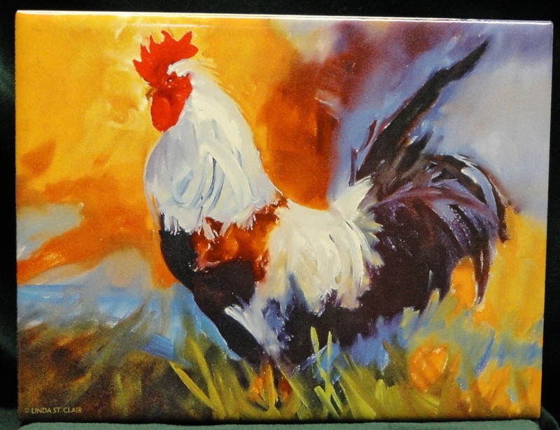 Fantastic Colorful LINDA ST. CLAIR (1952-2018) ROOSTER ART TILE 8" x 6"  - LOOK!
