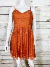 Forever 21 Womens Dress M Orange Floral Lace Sleeveless Side Zip Raw Hem Lined
