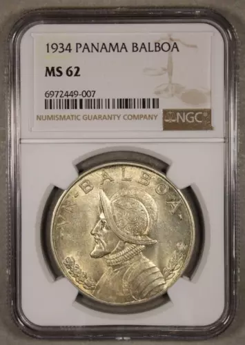 1934 Panama Silver Balboa NGC MS62 Uncirculated