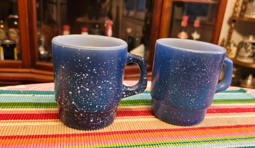 Vintage Mid Century Fire King Milk Glass Speckled Blue Coffee Mug Cup Stackable