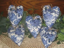 5 Blue White Chinoiserie Fabric Hearts Bowl Fillers Handmade Gift Ornaments