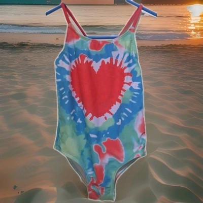Brand New LIZENS Girl's Size 6-7T Tie Dye Heart Swimsuit Beach One Piece Summer!
