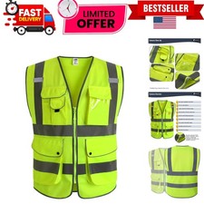 Large ANSI Compliant High Visibility Safety Vest, 9 Pockets, Reflective Yellow