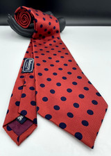 Burberrys Men's 100 Silk Tie  Red  Blue Polka Dot  Hand Sewn in the USA 