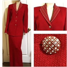 St John Red Santana Knit Jacket  Long Skirt Suit w Crystals  Rhinestones sz 12