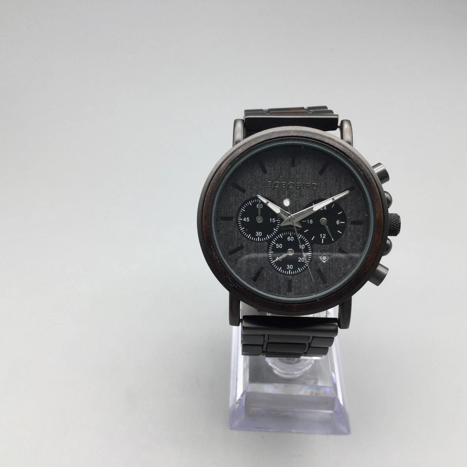 BOBO BIRD Chronograph Watch Mens 44mm Wood Stainless Date Black New Battery 7" - Image 2 of 4