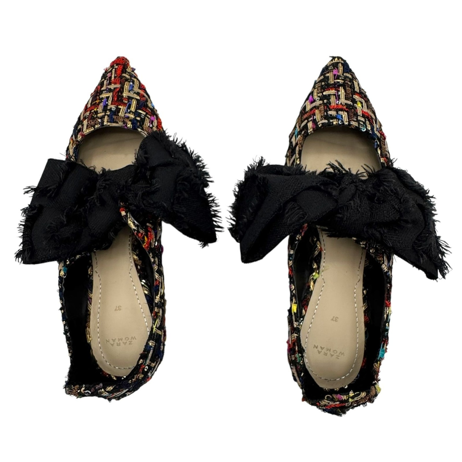 Zara Multicolor Tweed Pointed Flats Black Frayed Bow Women's Size EU 37/US 6.5 thumbnail 17