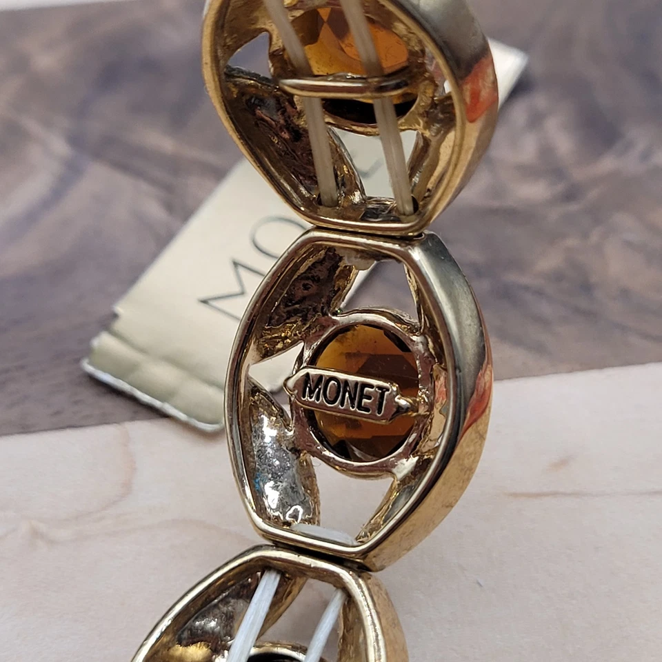 NUEVO CON ETIQUETAS Pulsera Elástica Monet Tono Dorado Filagree Ámbar Vidrio Pavé Foto 4 de 4