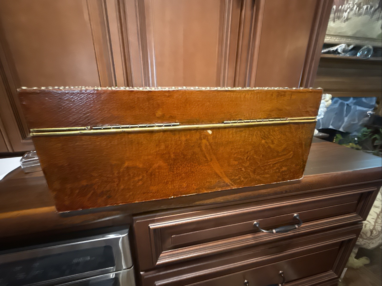 Vintage Faux Brown Camel Leather Trunk Chest Sudden Metal Corners 