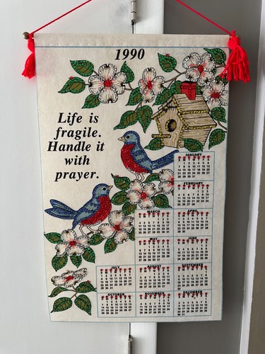 Vintage 1990 calendar on felt with sequins robin birdhouse flowers 24" x 16"