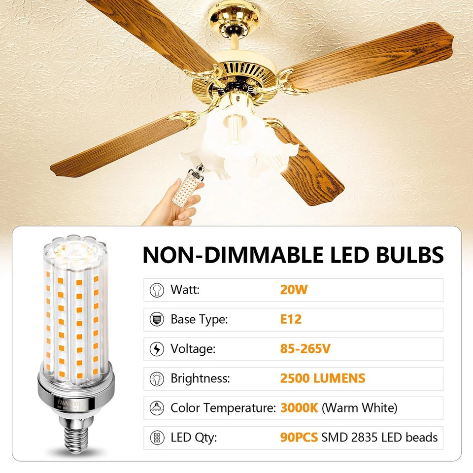 E12 LED Bulb 6pcs 20W Warm White Non-Dimmable 2500 Lumen for Home - Image 3 of 4