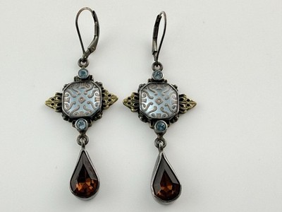 Mars And Valentine Sterling Silver Brass Blue Topaz w Rhinestone Dangle Earrings