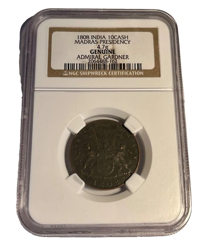 British India. Admiral Gardner. 10 Cash 1808. NGC Shipwreck coin!