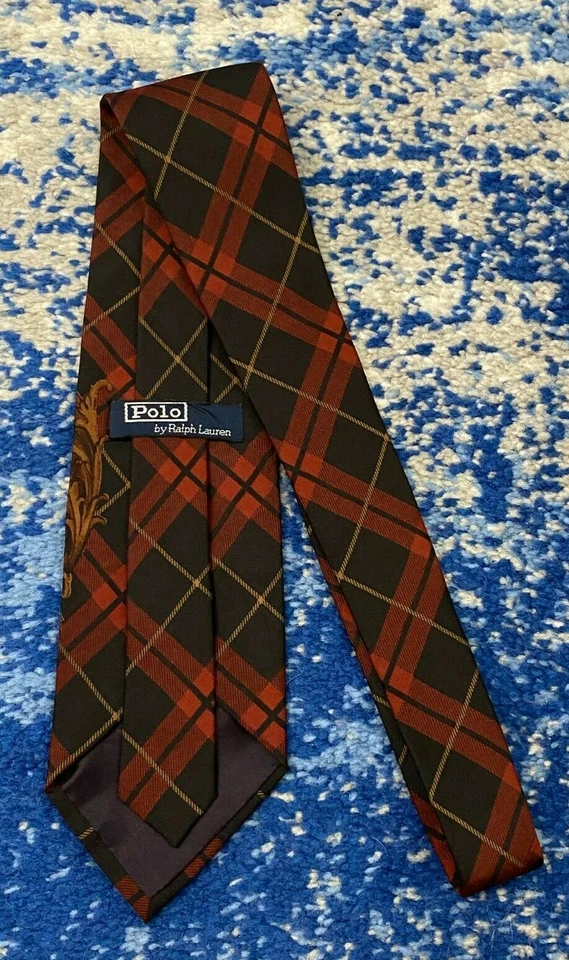 Corbata de seda vintage Polo Ralph Lauren roja negra camel óxido sesgado a cuadros perro EE. UU. Foto 3 de 4