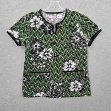 Koi By Kathy Peterson Women Scrub Top S Green Floral Geometric 280PR Button