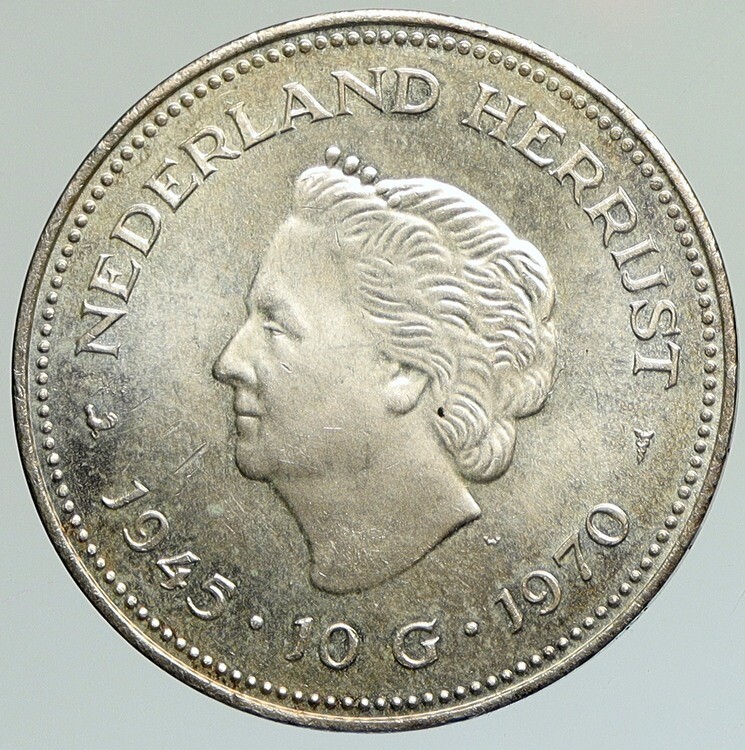 1970 Netherlands Kingdom Queen JULIANA WILHELMINA Silver 10 Gulden