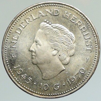 1970 Netherlands Kingdom Queen JULIANA WILHELMINA Silver 10 Gulden