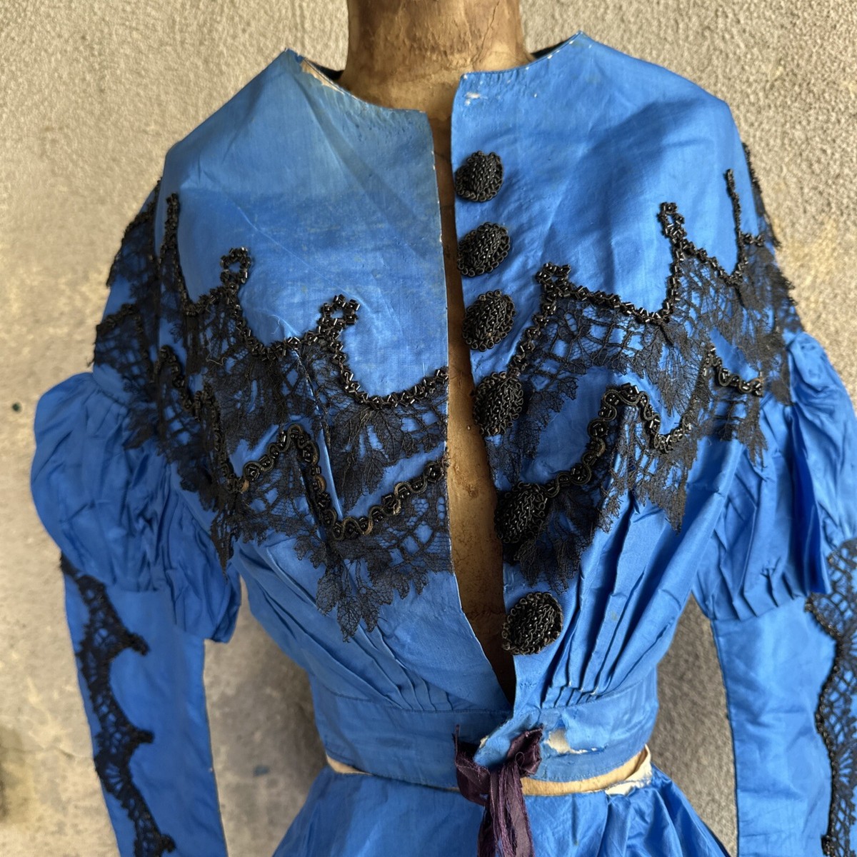 Antique Victorian 1860s Blue Silk Lace Beaded Dress Set 2 PC