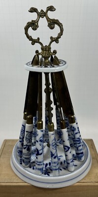 ANTIQUE Uchatius Bronce Germany Porcelain Blue & White Brass Fruit Knives Caddy