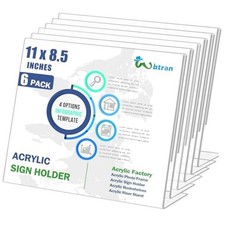 Slanted Back Acrylic Sign Holder 8.5 x 11 Horizontal, 6 Pack 11x8.5 Inches
