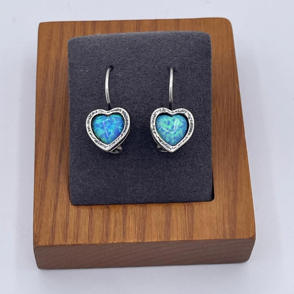 Brincos pendentes de prata esterlina com coração de opala azul laboratório Israel Shablool 925 vintage - Imagem 3 de 4