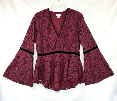 Venus Floral Lace Top Bell Sleeve Floral Burnout Women's V-Neck Sz 14 Whimsigoth