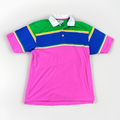 Vintage Hawaiian Tropics Collared Polo Shirt Mens XL Multicolor Striped pink
