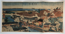 Kuniyoshi Woodblock Print Triptych: View of the Brothels in Yokohama 1860